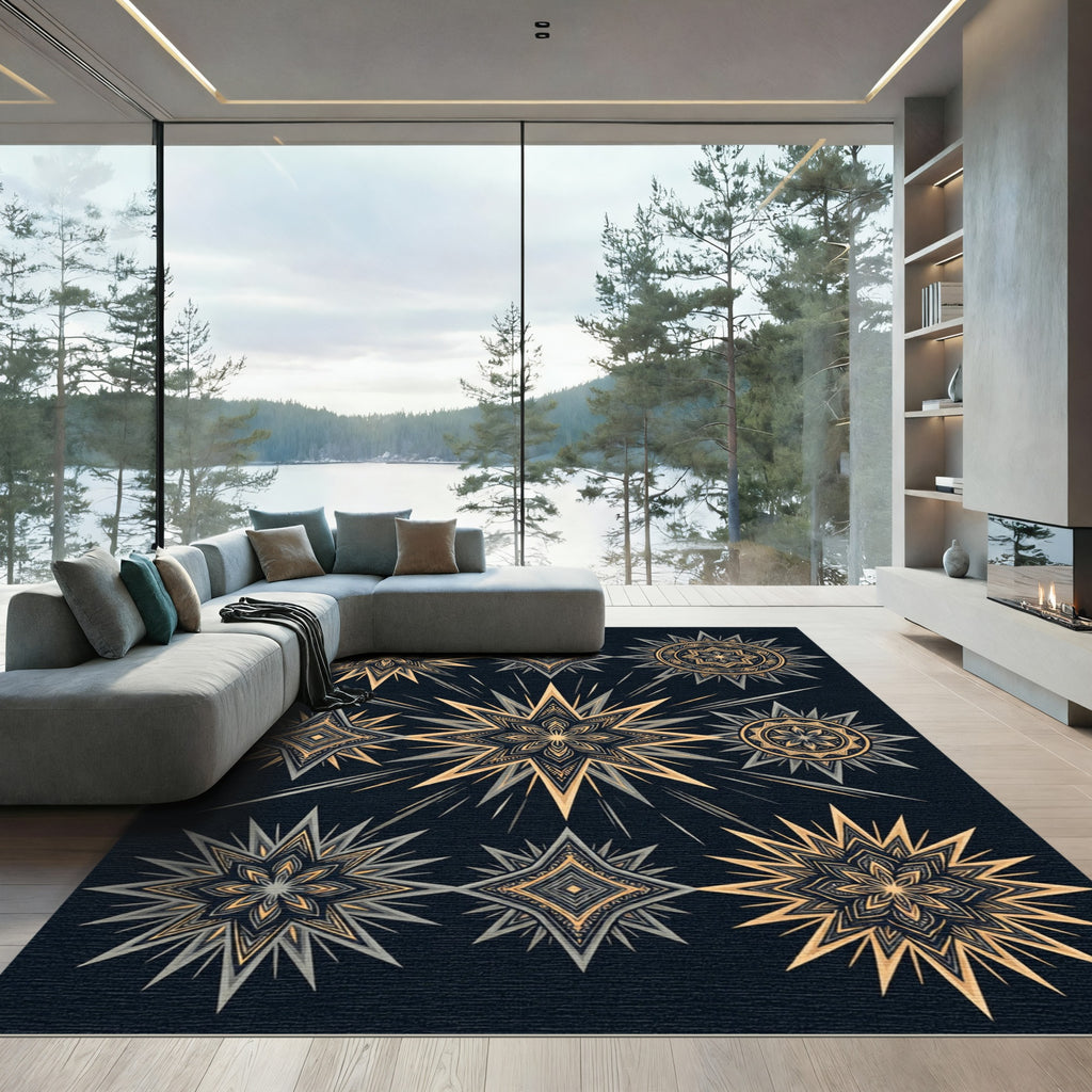 Golden Ochre Sunburst Star Mandala Rug