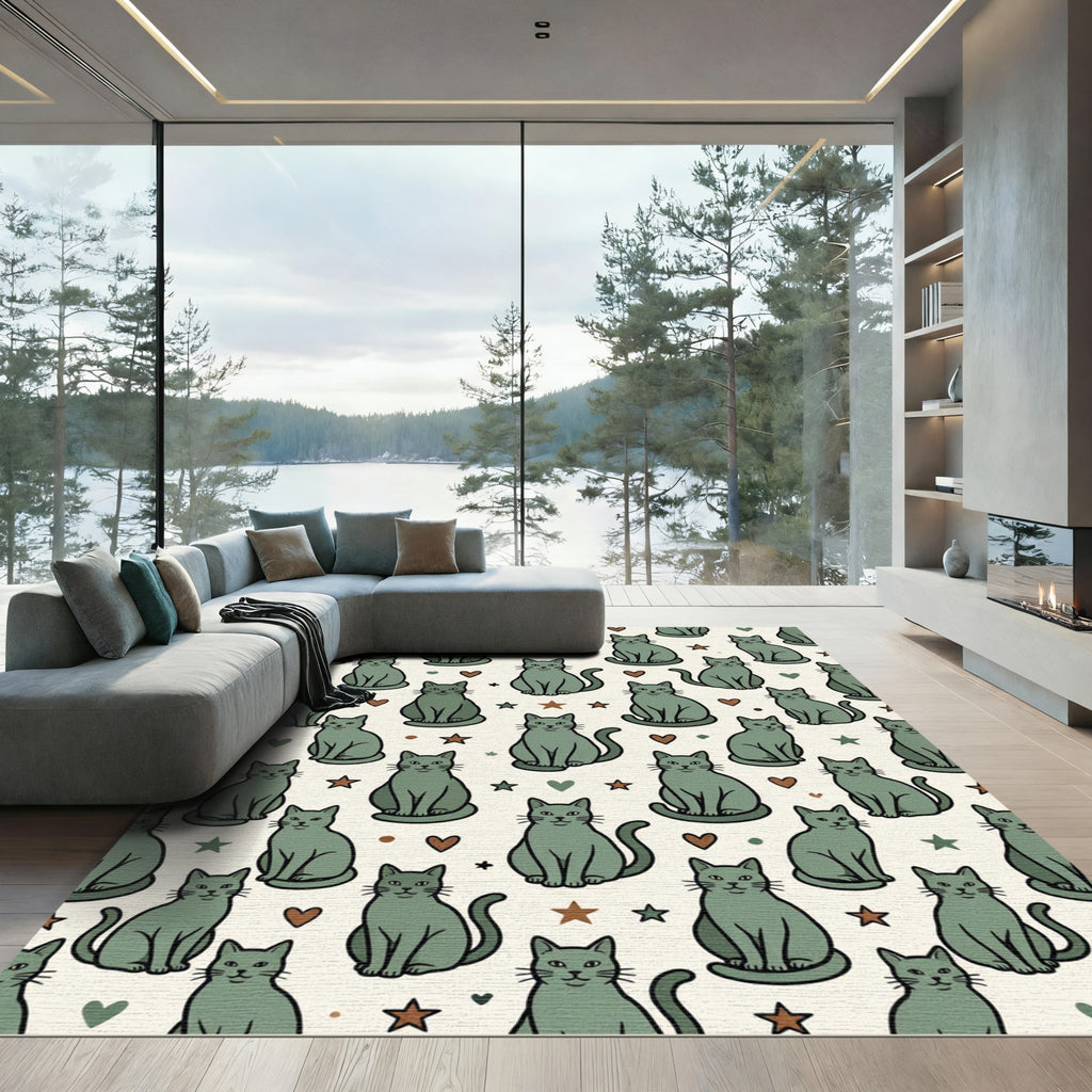 Sage Green Whimsical Cat Star Heart Rug