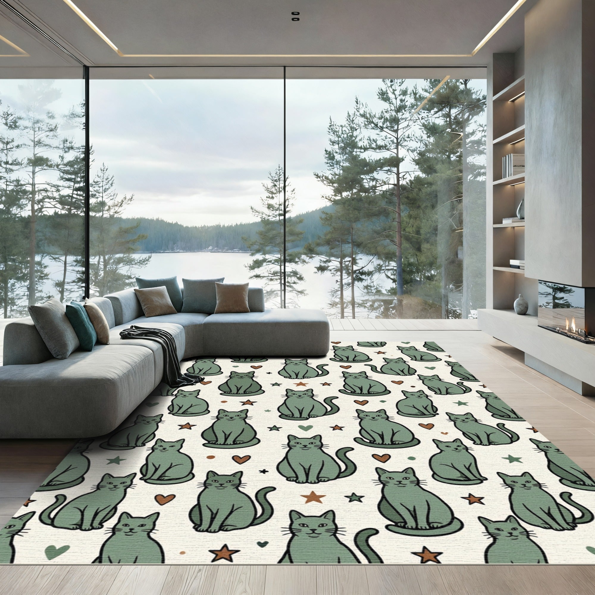 Sage Green Whimsical Cat Star Heart Rug