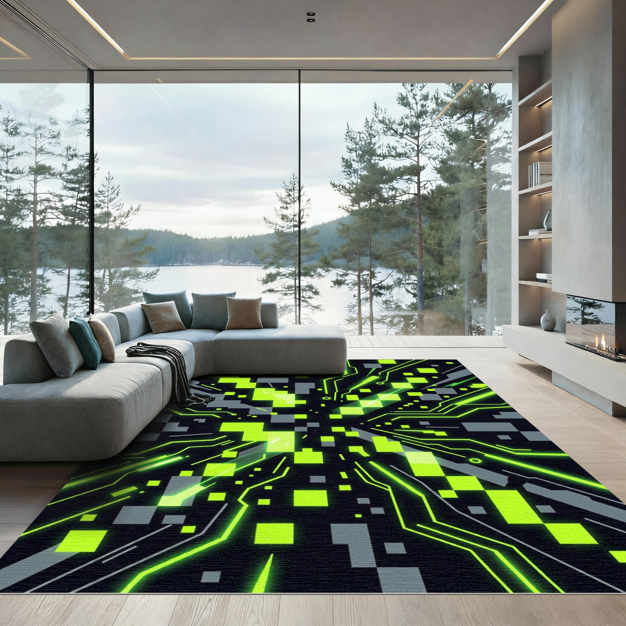 Neon Cyberpunk Matrix Circuit Grid Rug