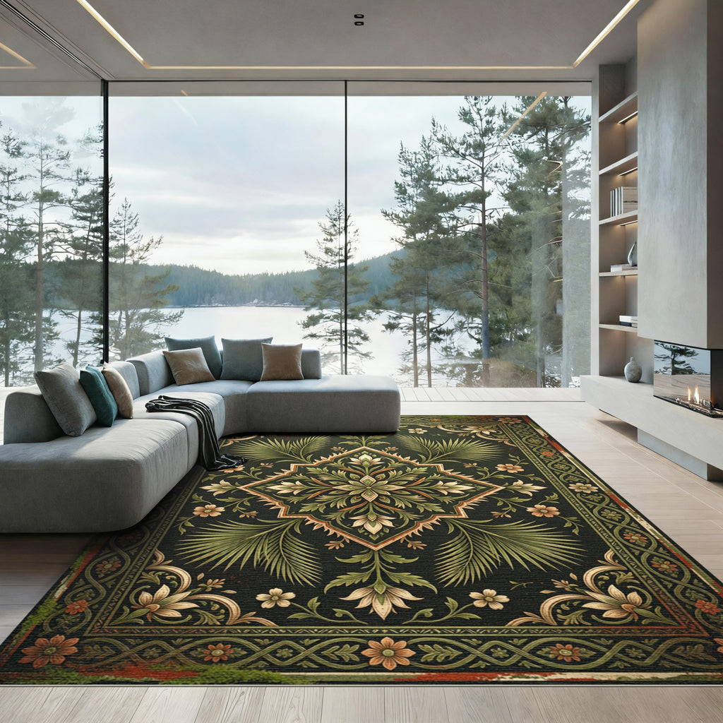Elegant Dark Green Botanical Medallion Rug