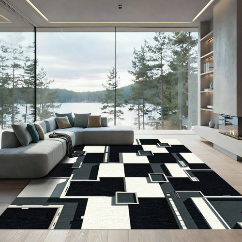 Black White Geometric Architectural Blocks Rug