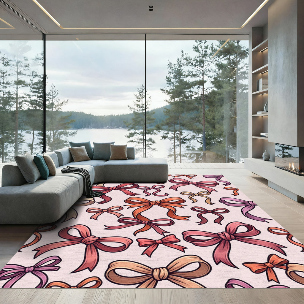 Soft Pink Whimsical Ribbon Bows Rug