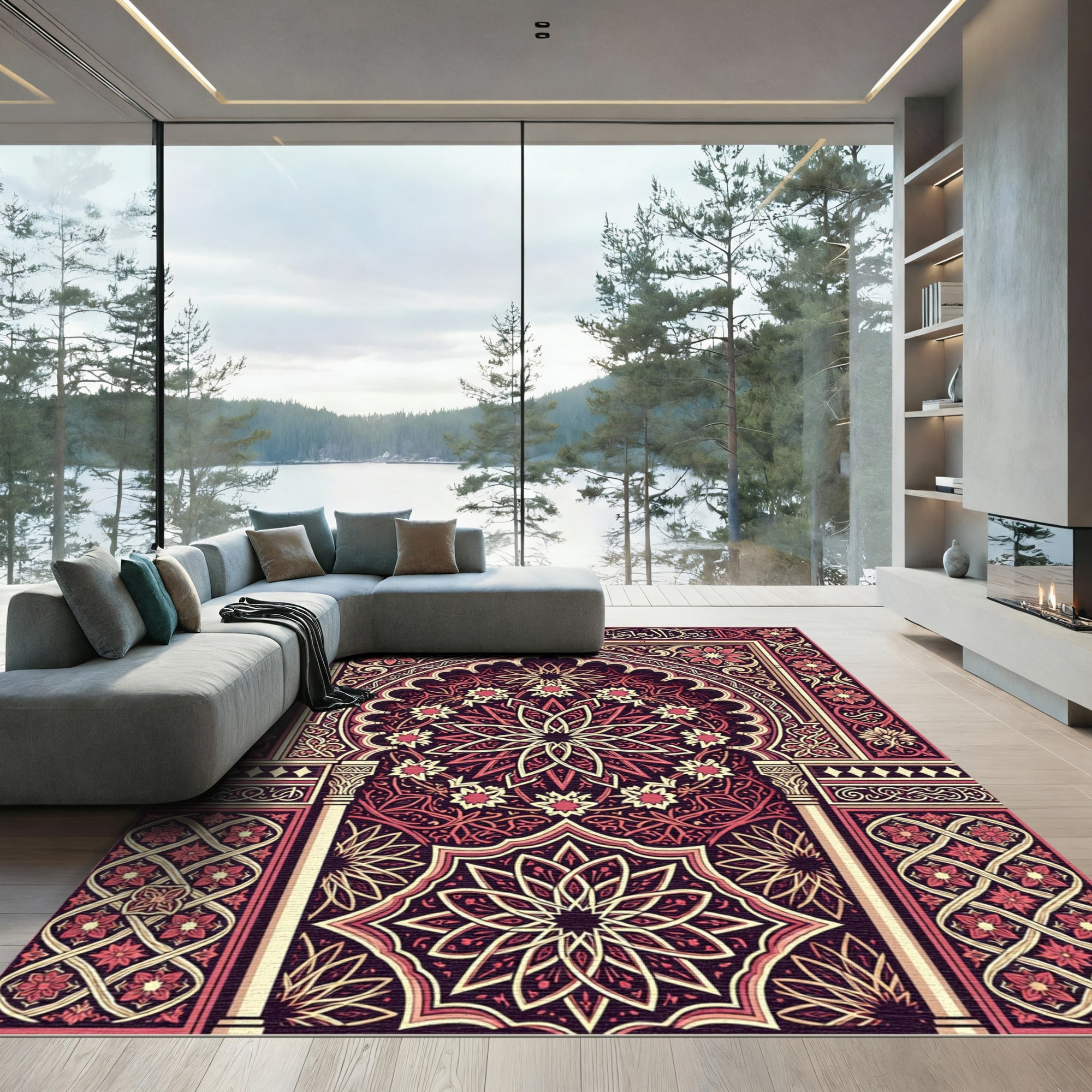 Crimson Floral Archway Intricate Mandala Rug