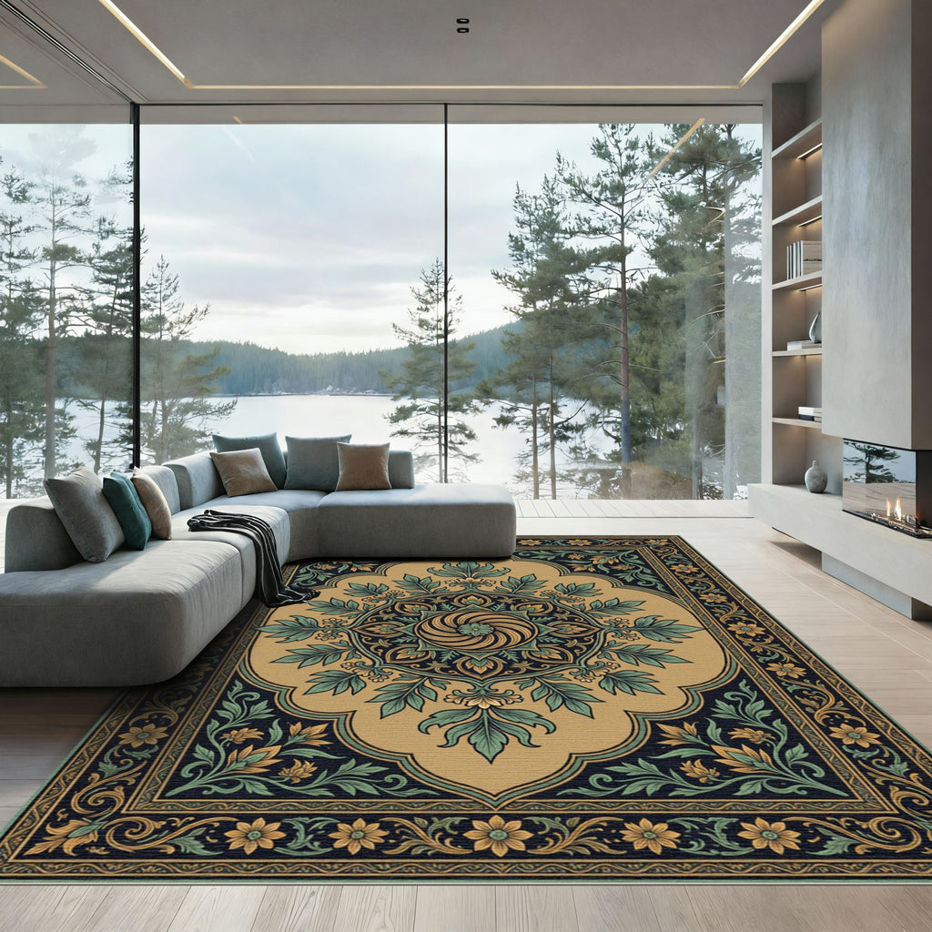 Ornate Gold Green Floral Mandala Rug