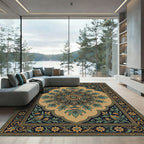 Ornate Gold Green Floral Mandala Rug