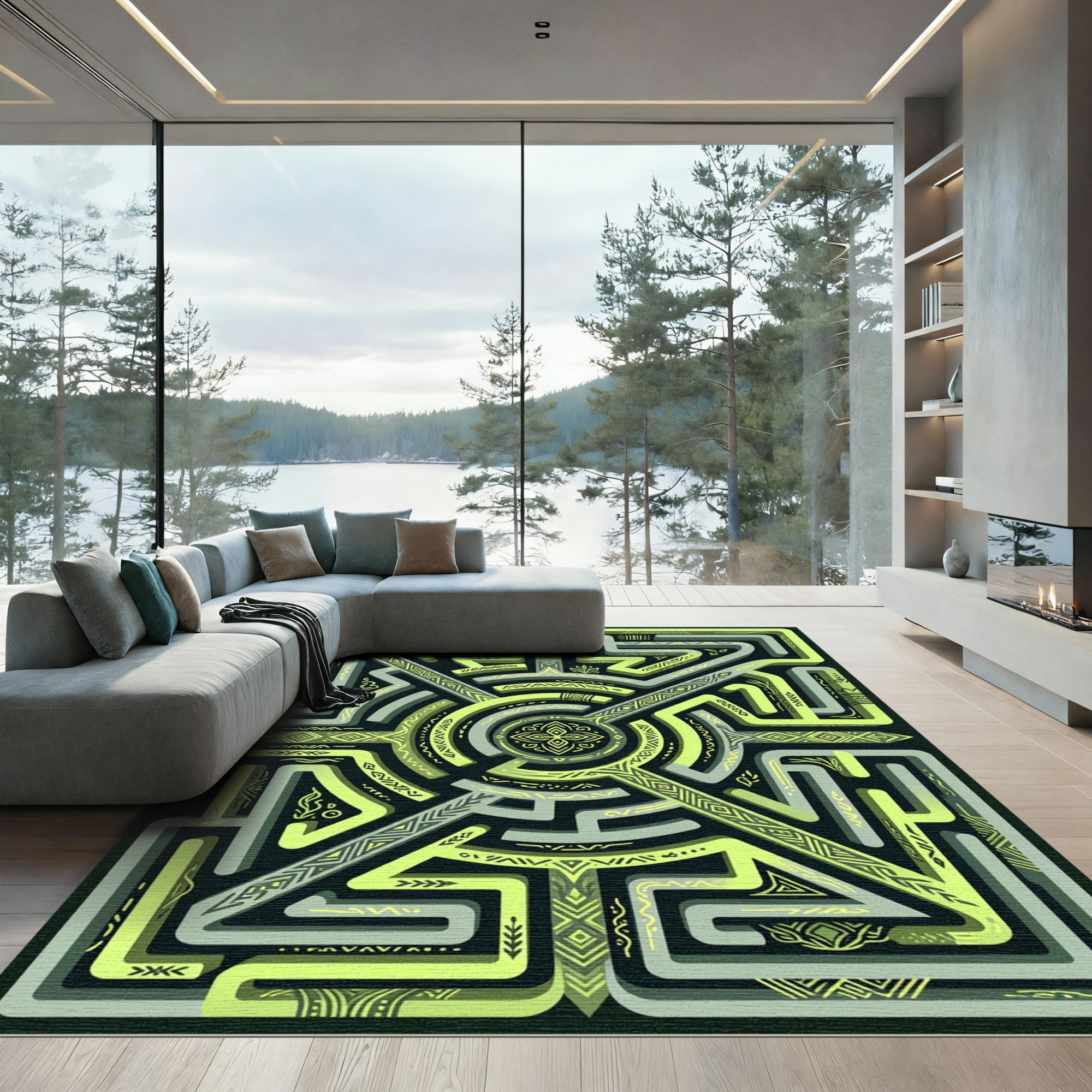 Yellow Green Maze Tribal Pattern Rug