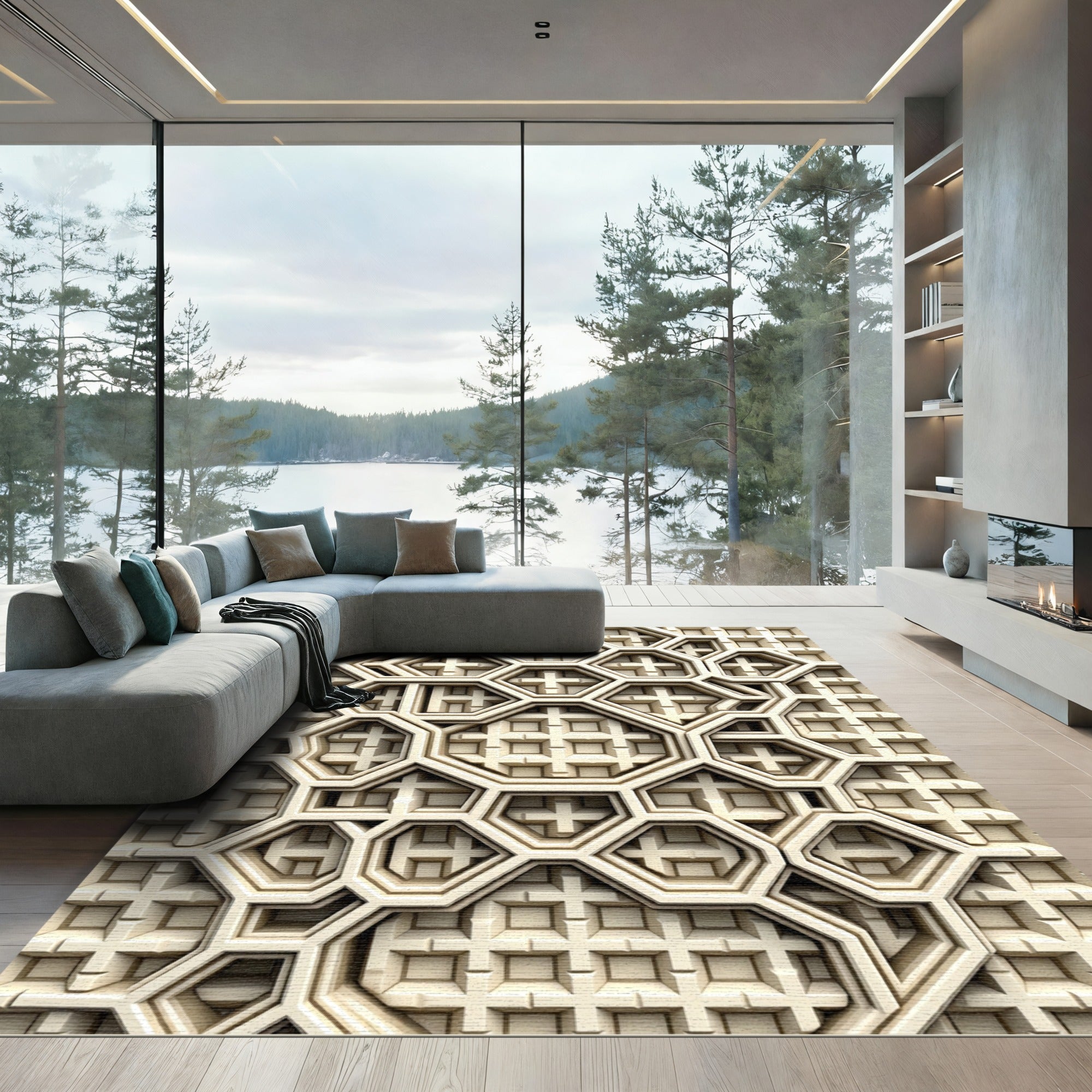 Cream Geometric Honeycomb Lattice Rug