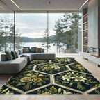 Elegant Olive Gold Floral Hexagon Rug