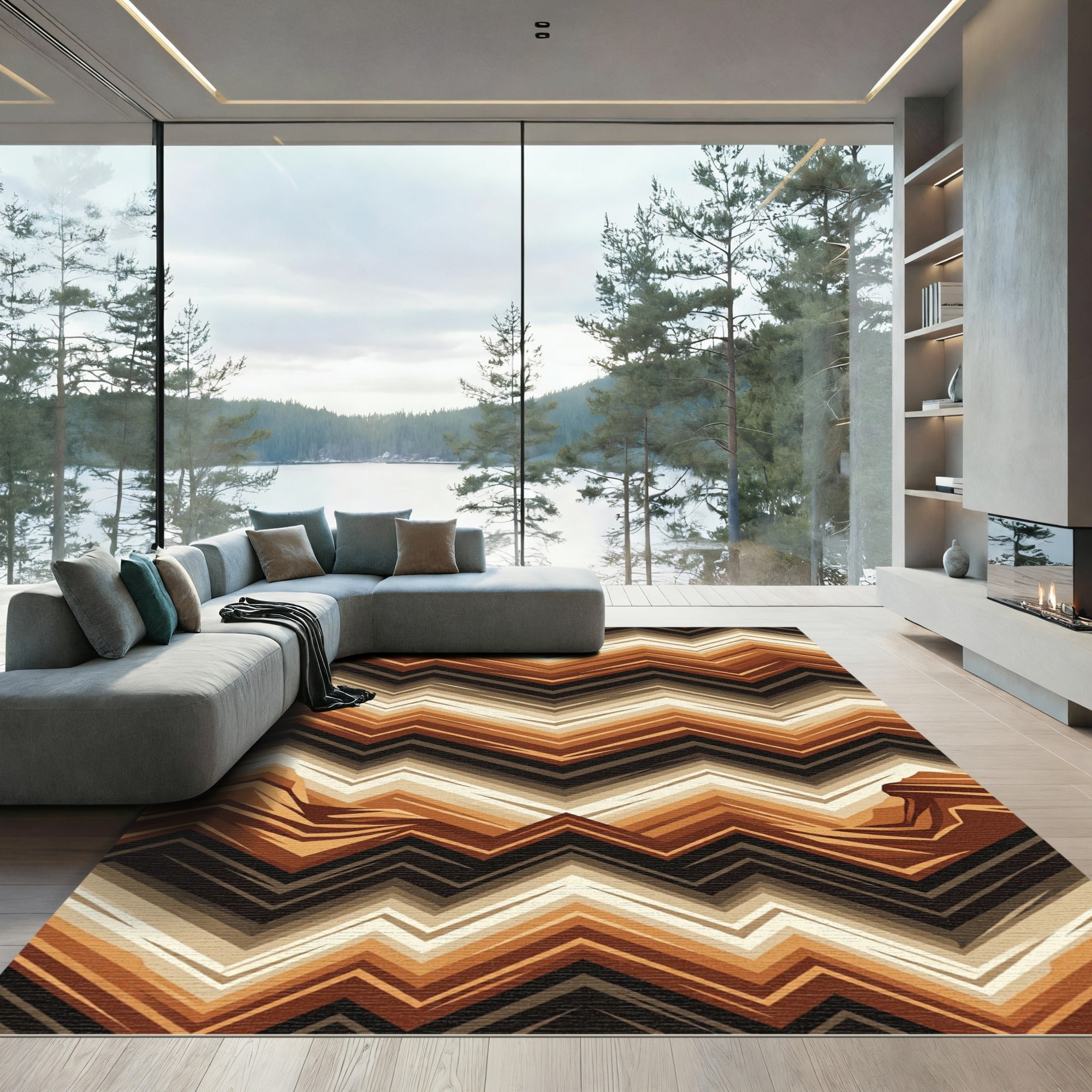 Earthy Brown Chevron Plateau Abstract Rug