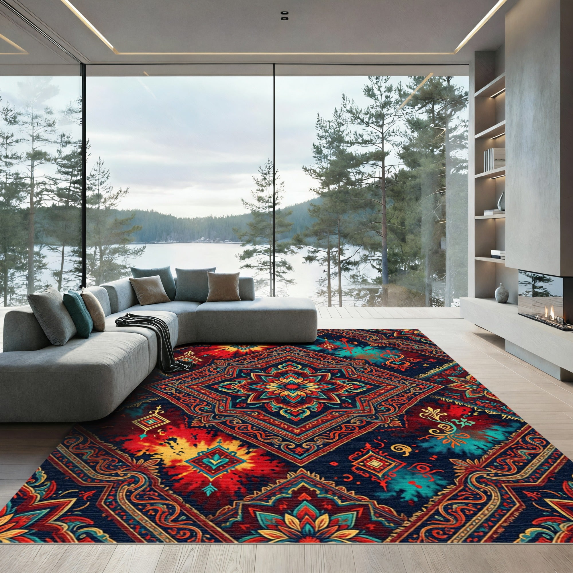 Radiant Crimson Teal Medallion Tie-Dye Rug