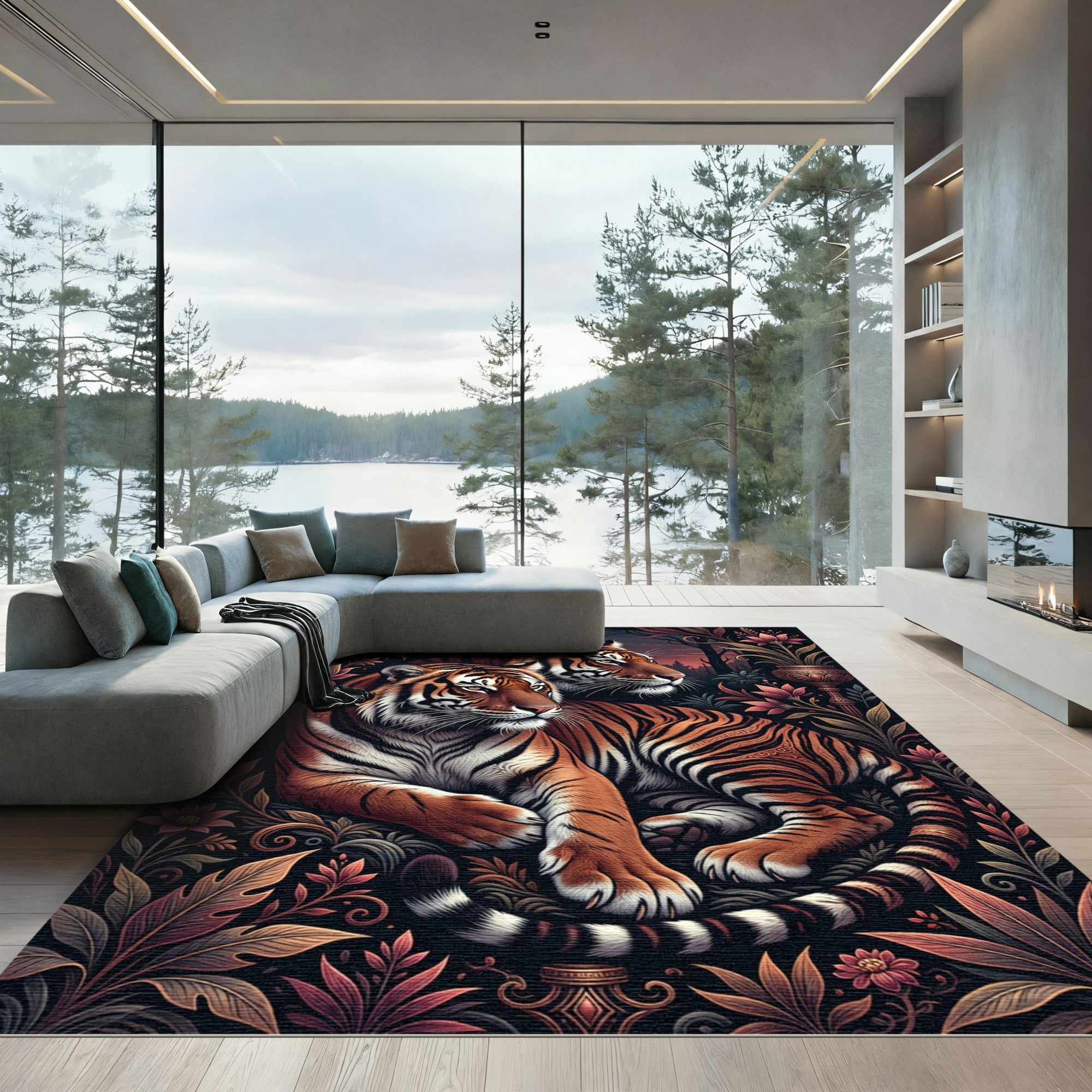 Majestic Tigers Amidst Floral Jungle Rug