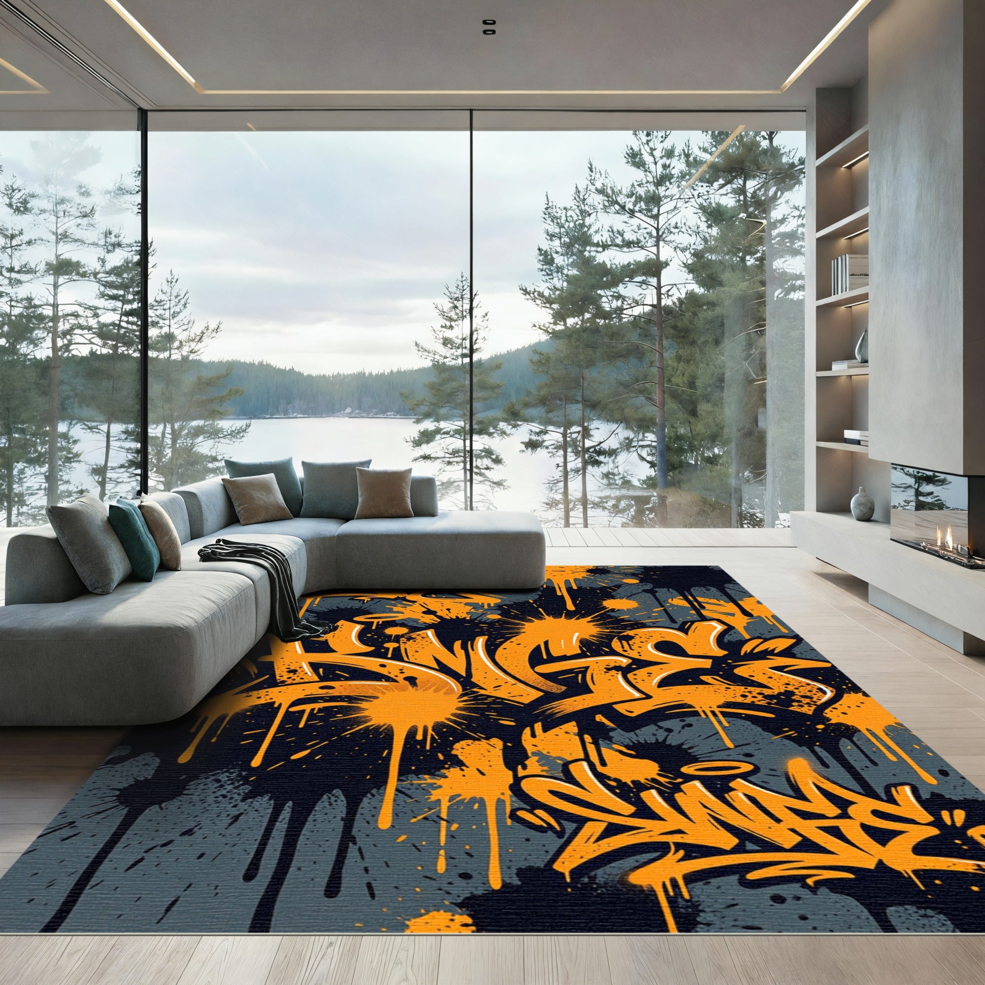 Orange Graffiti Ink Splatter Urban Art Rug