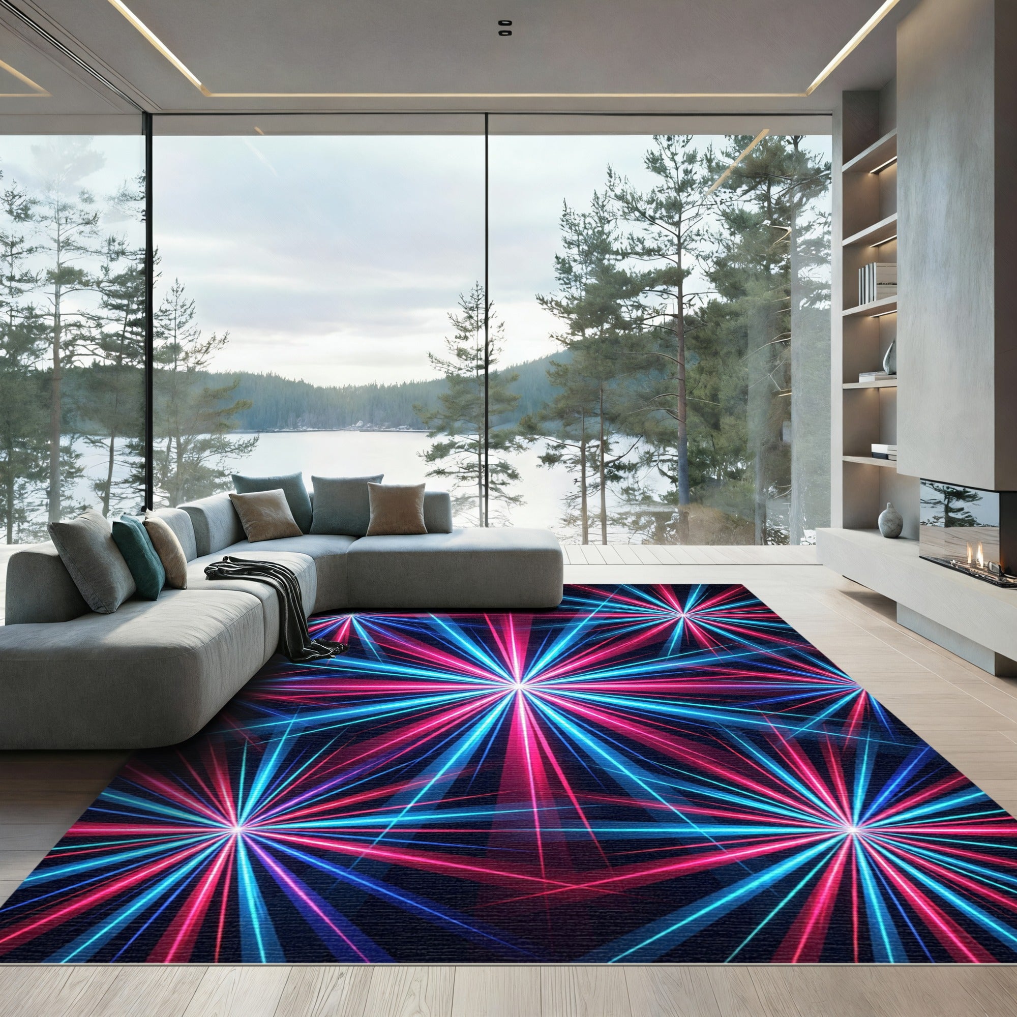 Neon Radiant Cosmic Starburst Abstract Rug