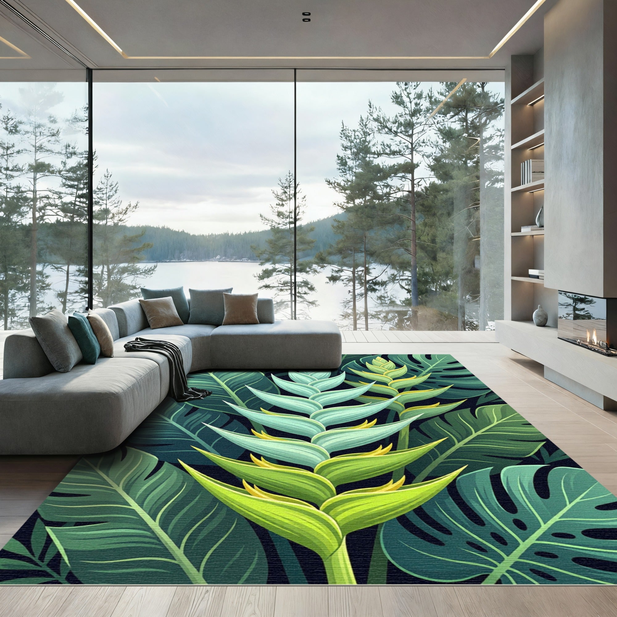 Lush Tropical Heliconia Foliage Botanical Rug