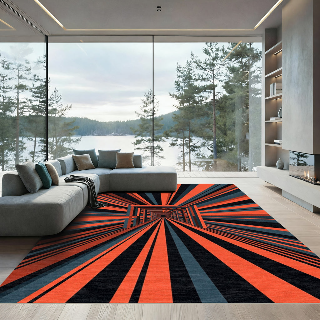 Modern Orange and Graphite Linear Tunnel Rug