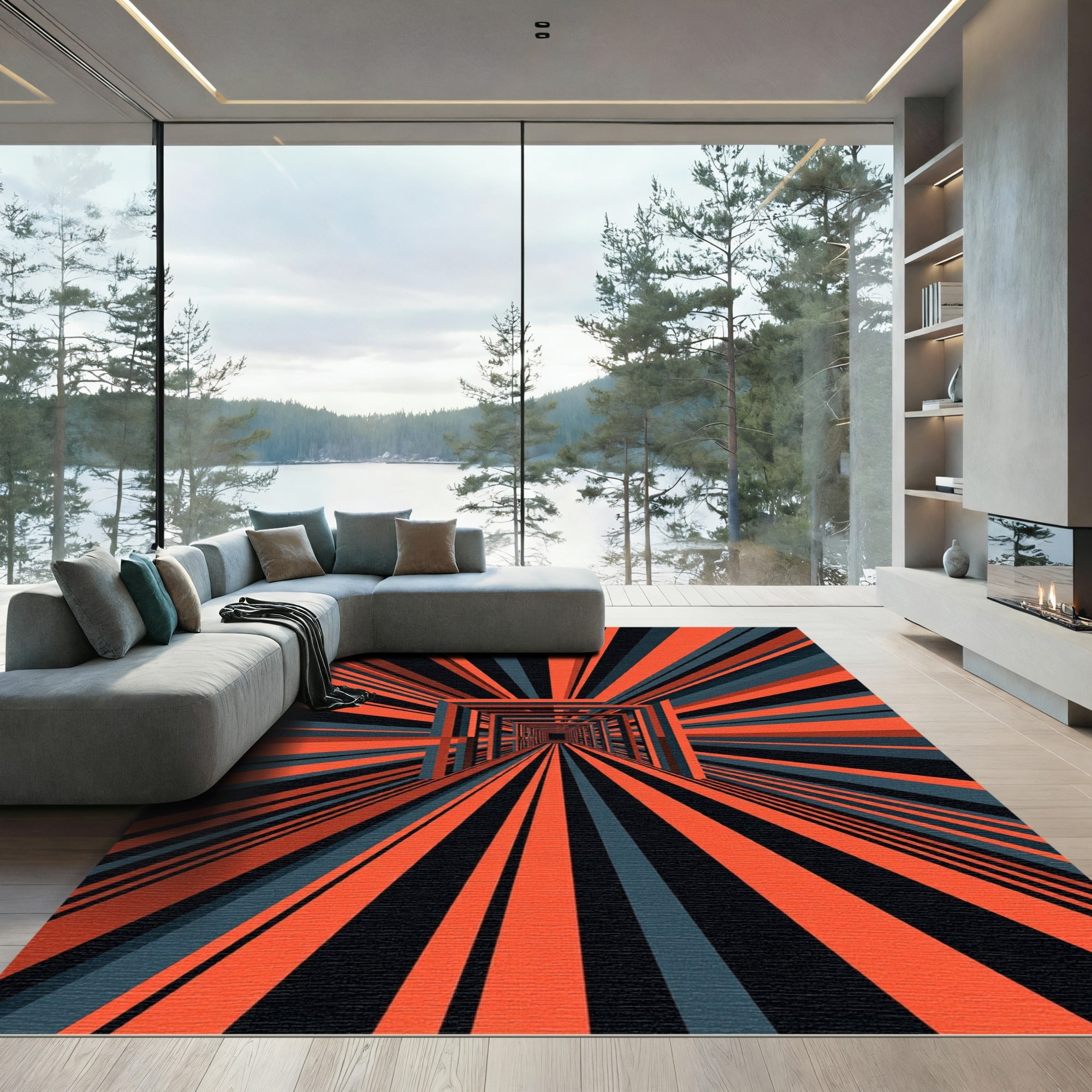Modern Orange and Graphite Linear Tunnel Rug