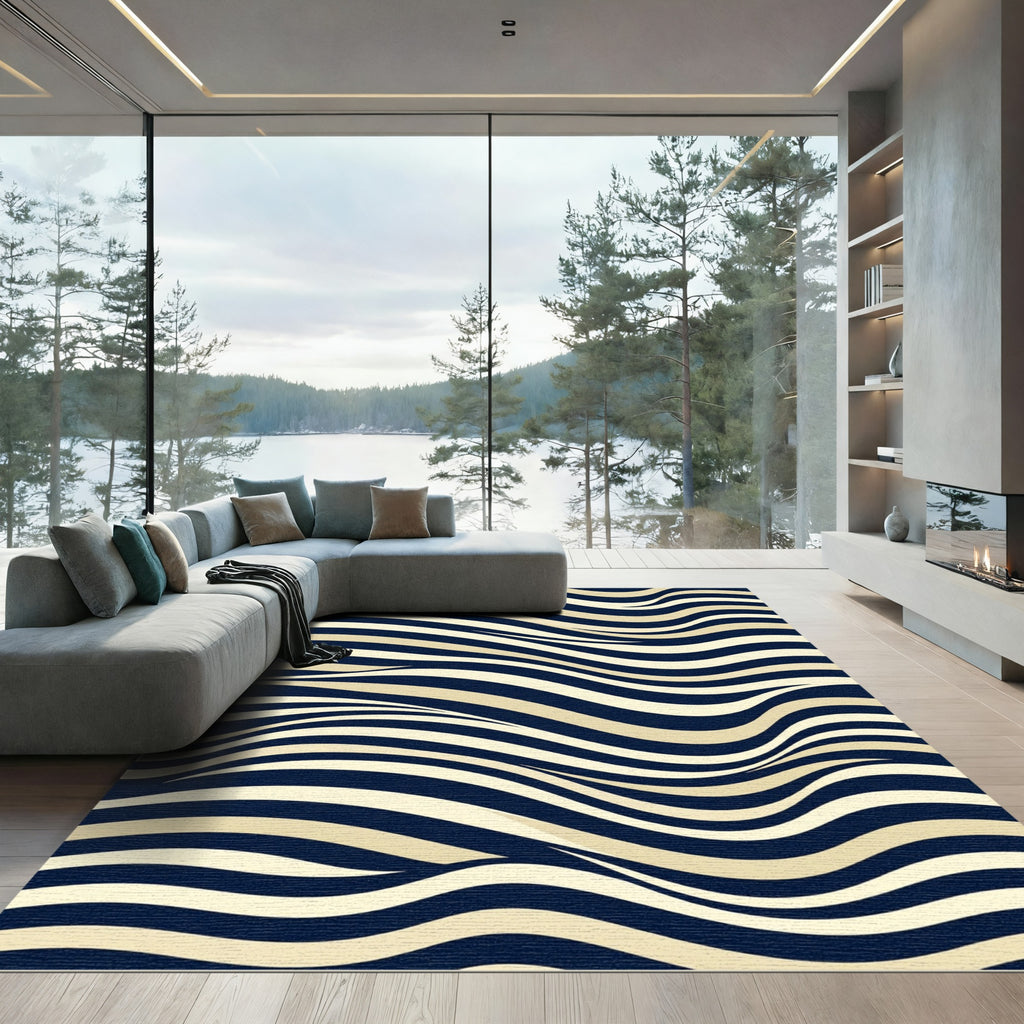 Modern Navy and Cream Wavy Stripe Rug