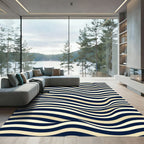 Modern Navy and Cream Wavy Stripe Rug
