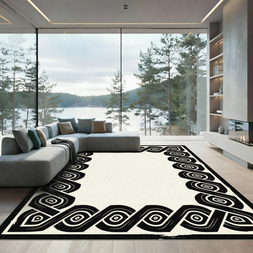 Black Ivory Interwoven Geometric Border Rug