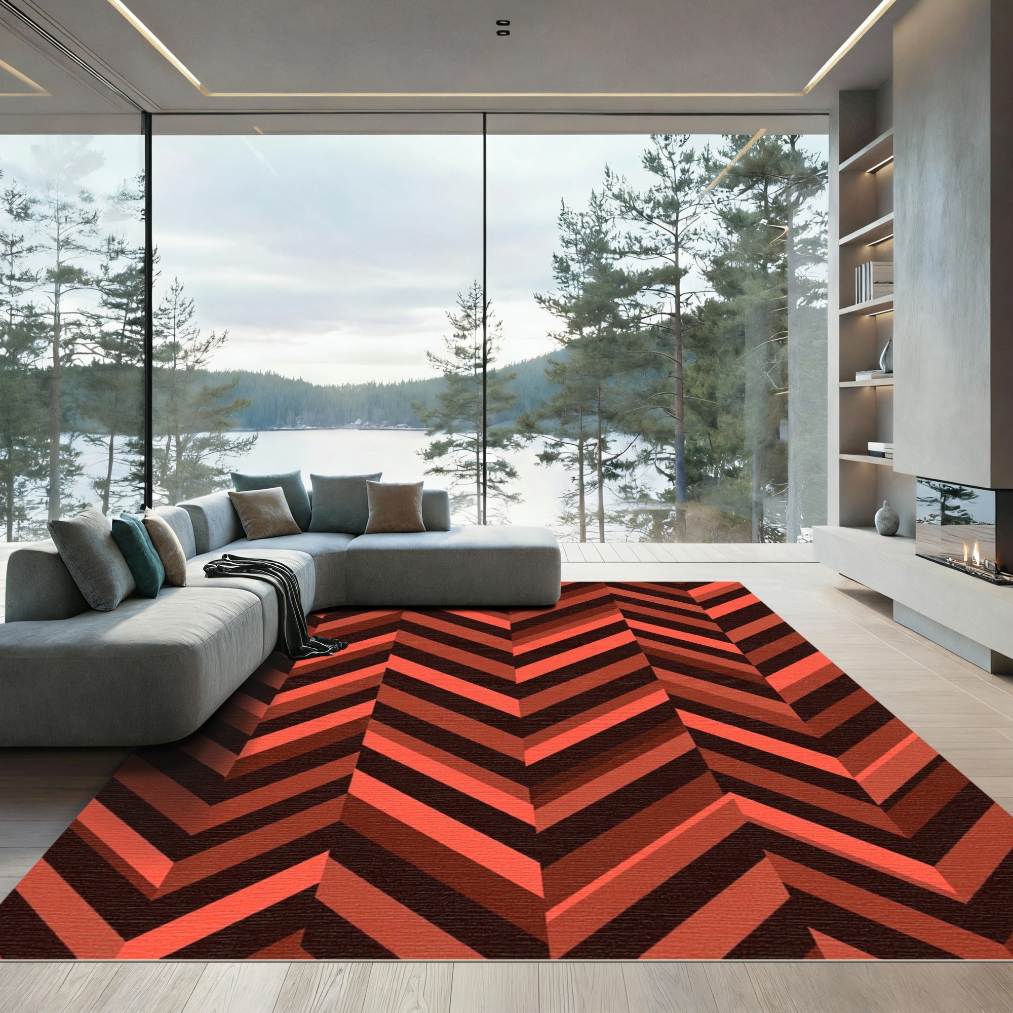 Coral Red Zigzag Chevron Rug