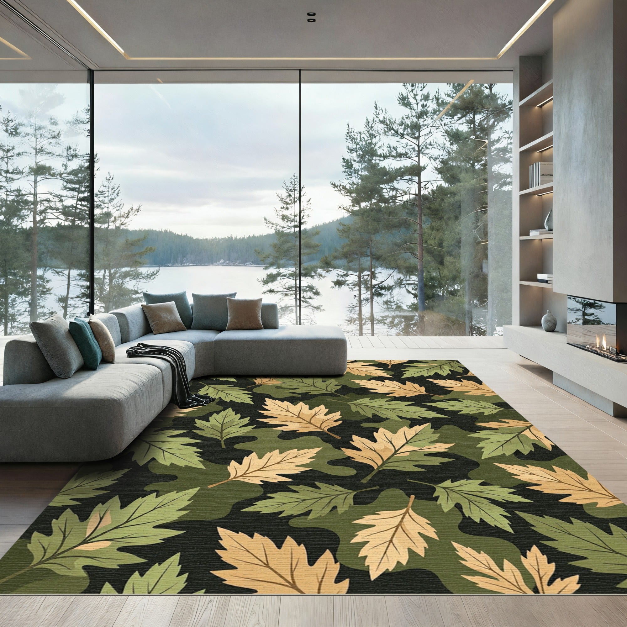 Olive and Ochre Woodland Leaf Rug