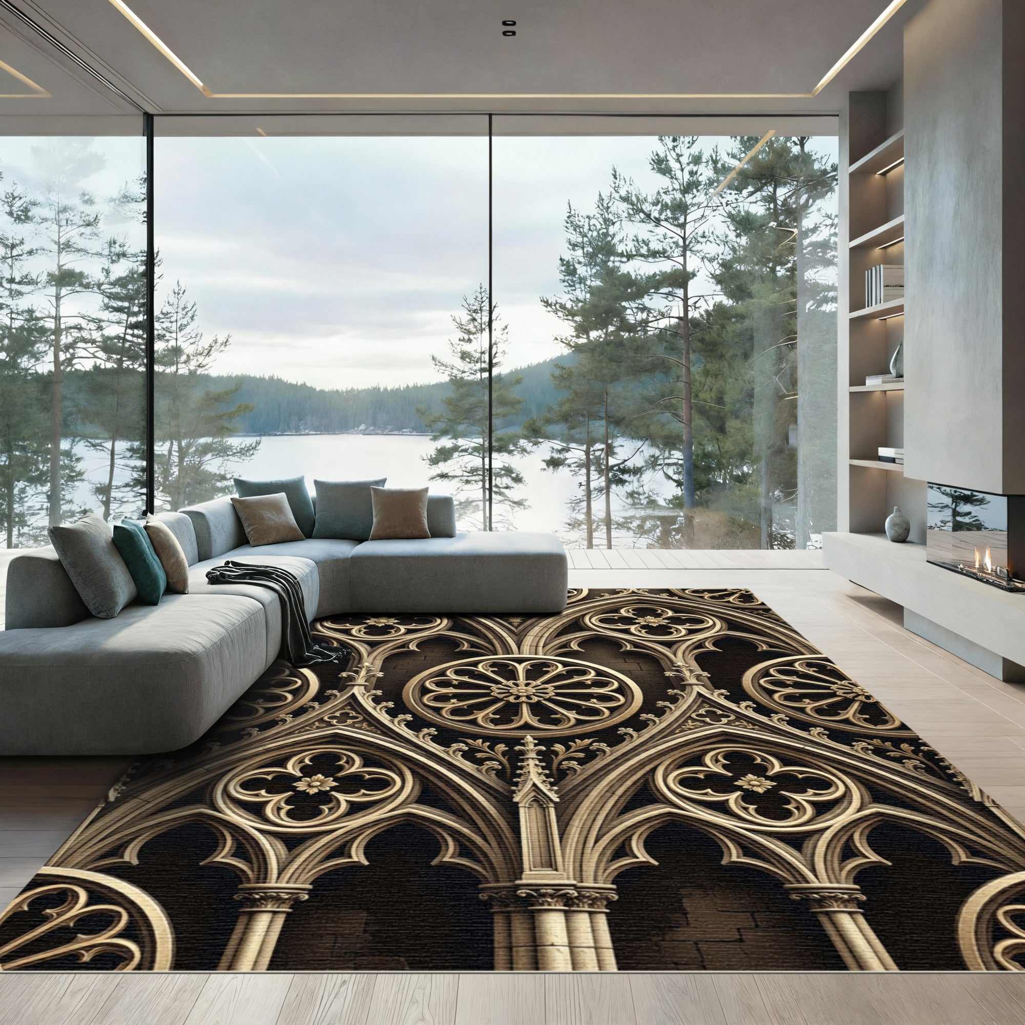 Gothic Gold Quatrefoil Rose Window Rug