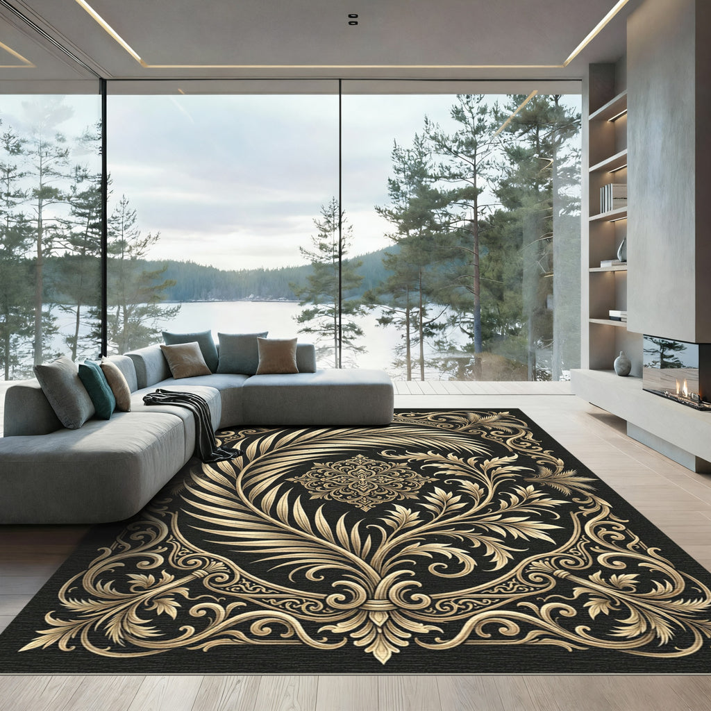 Golden Palm Frond Baroque Swirl Rug