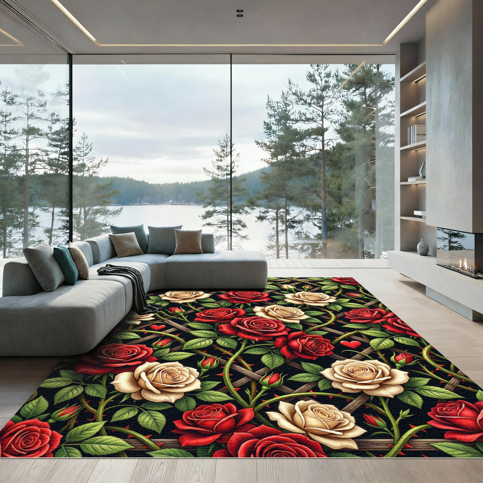 Romantic Crimson and Cream Rose Trellis Rug