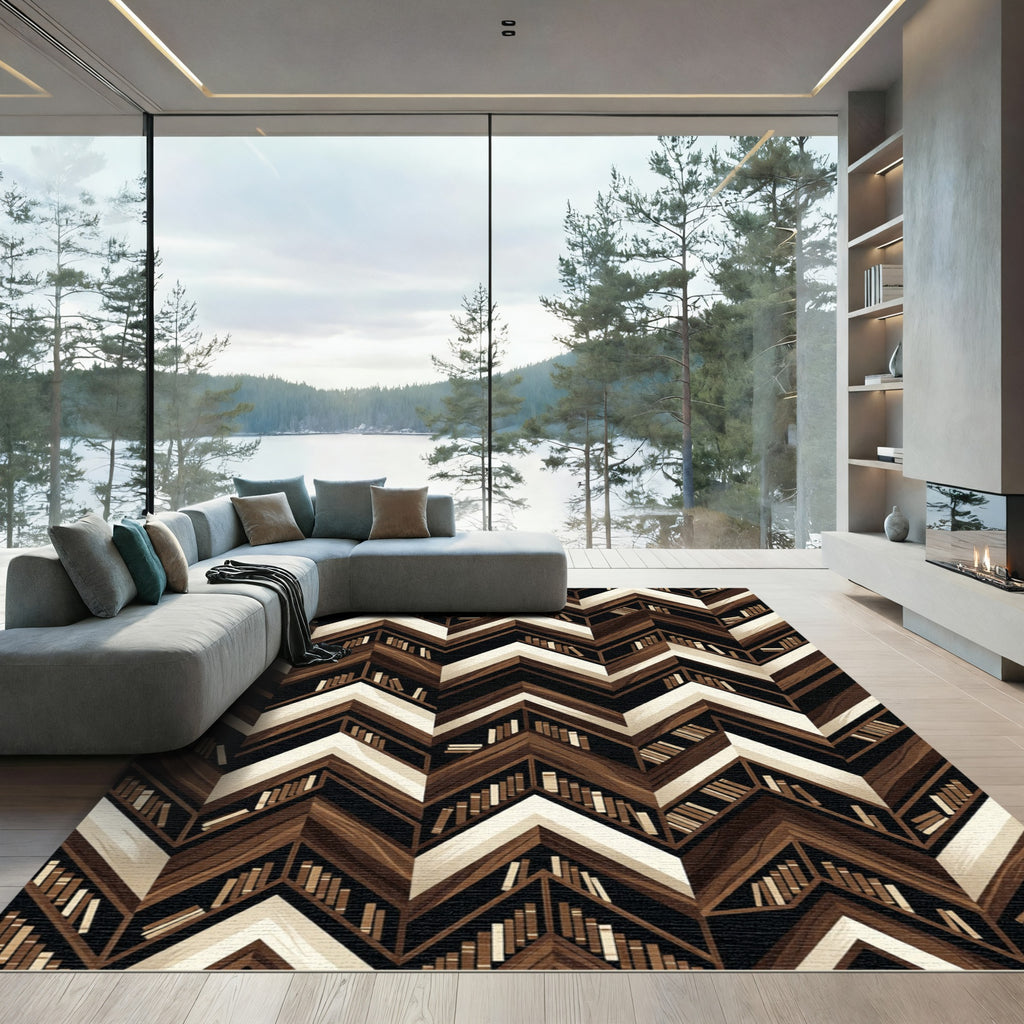 Chevron Bookcase Wood Geometric Monochrome Rug