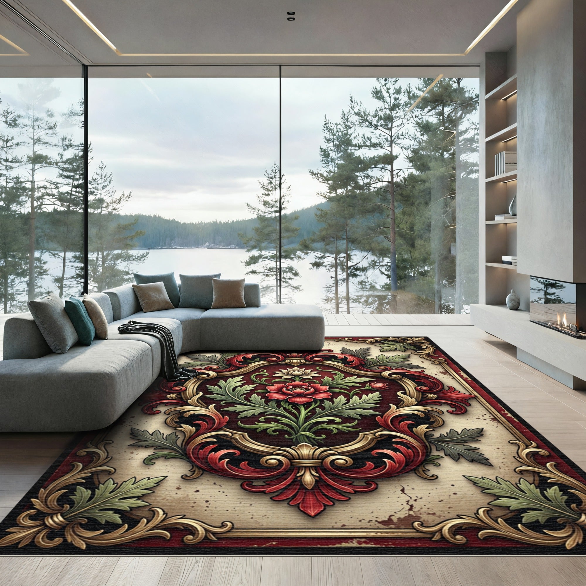 Ornate Crimson Floral Baroque Foliage Rug