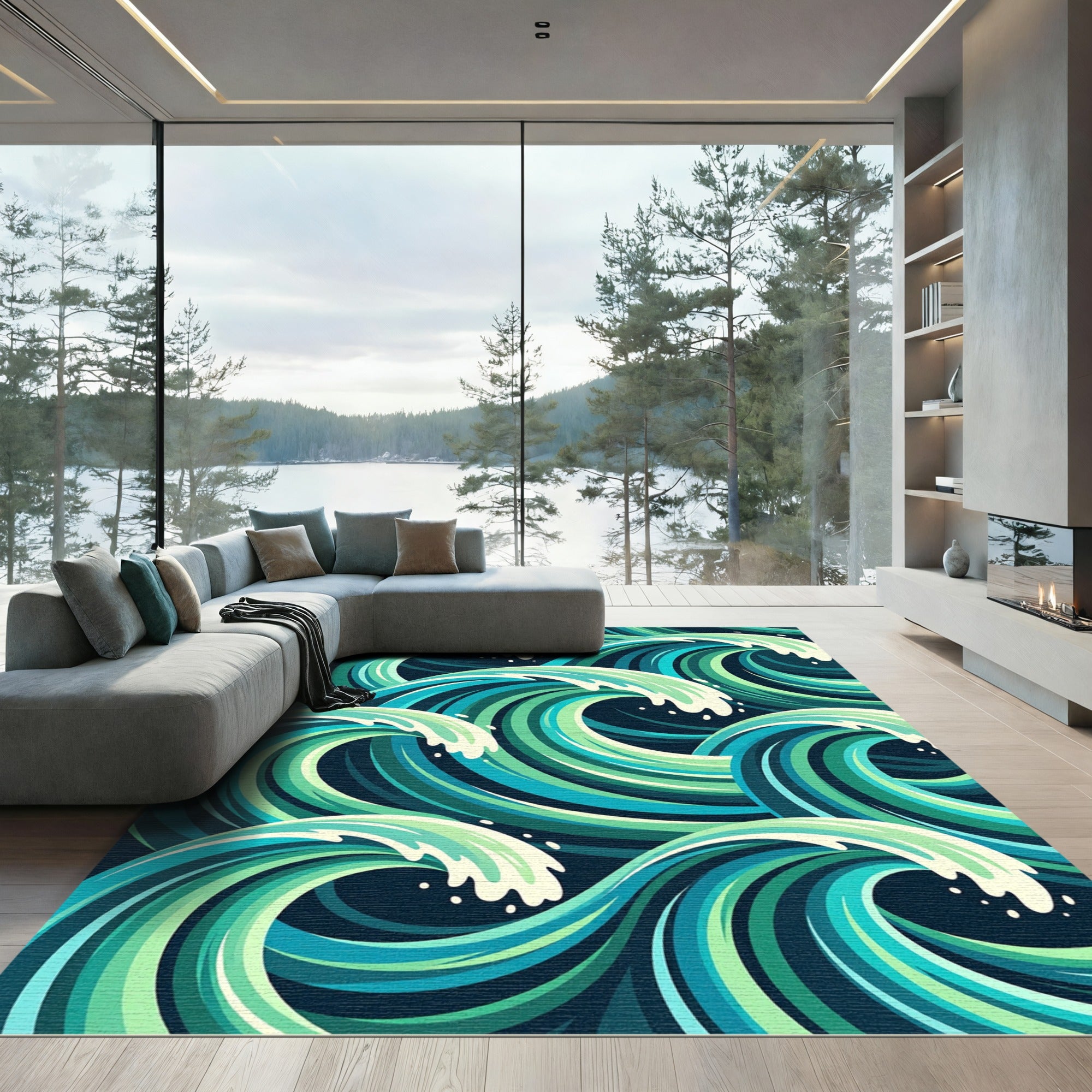 Dynamic Teal Green Ocean Waves Rug