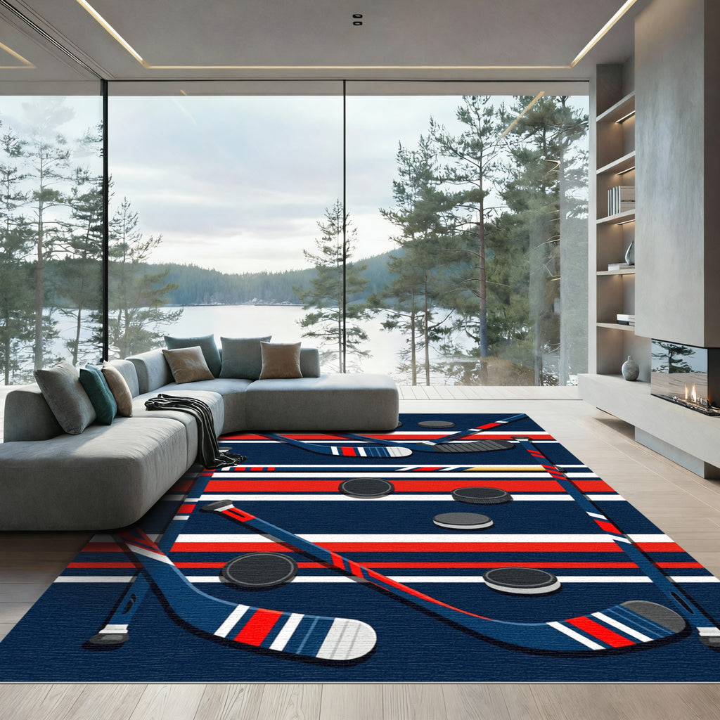 Red White and Blue Hockey Play Rug