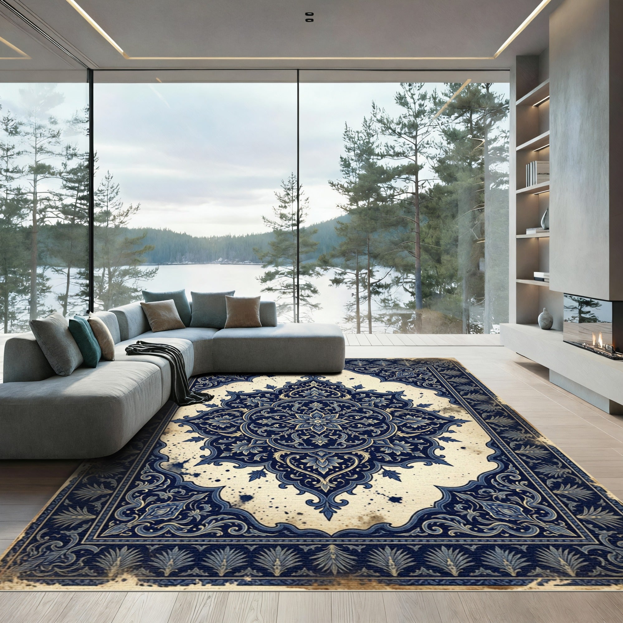 Deep Blue Vintage Floral Medallion Rug