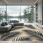 Sophisticated Black Tropical Palm Leaf on Beige Rug
