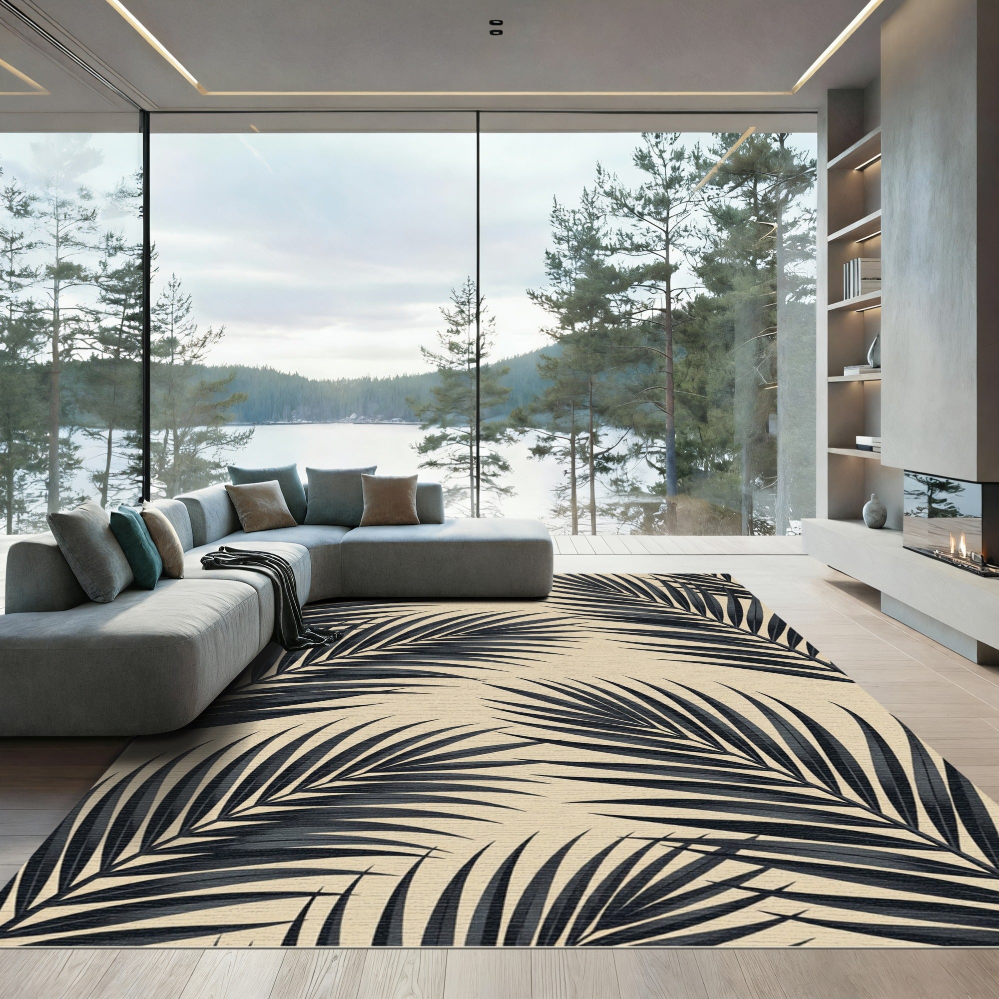 Sophisticated Black Tropical Palm Leaf on Beige Rug