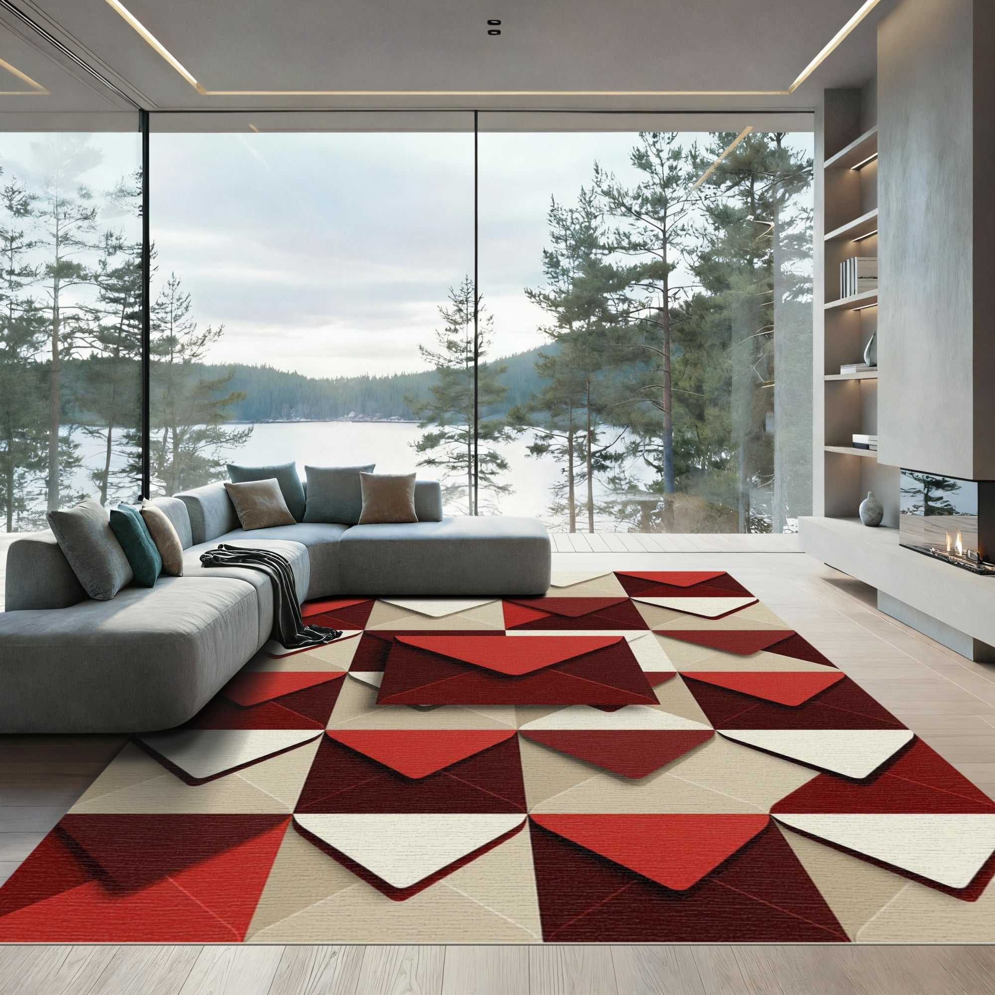 Geometric Scarlet Envelope Grid Rug