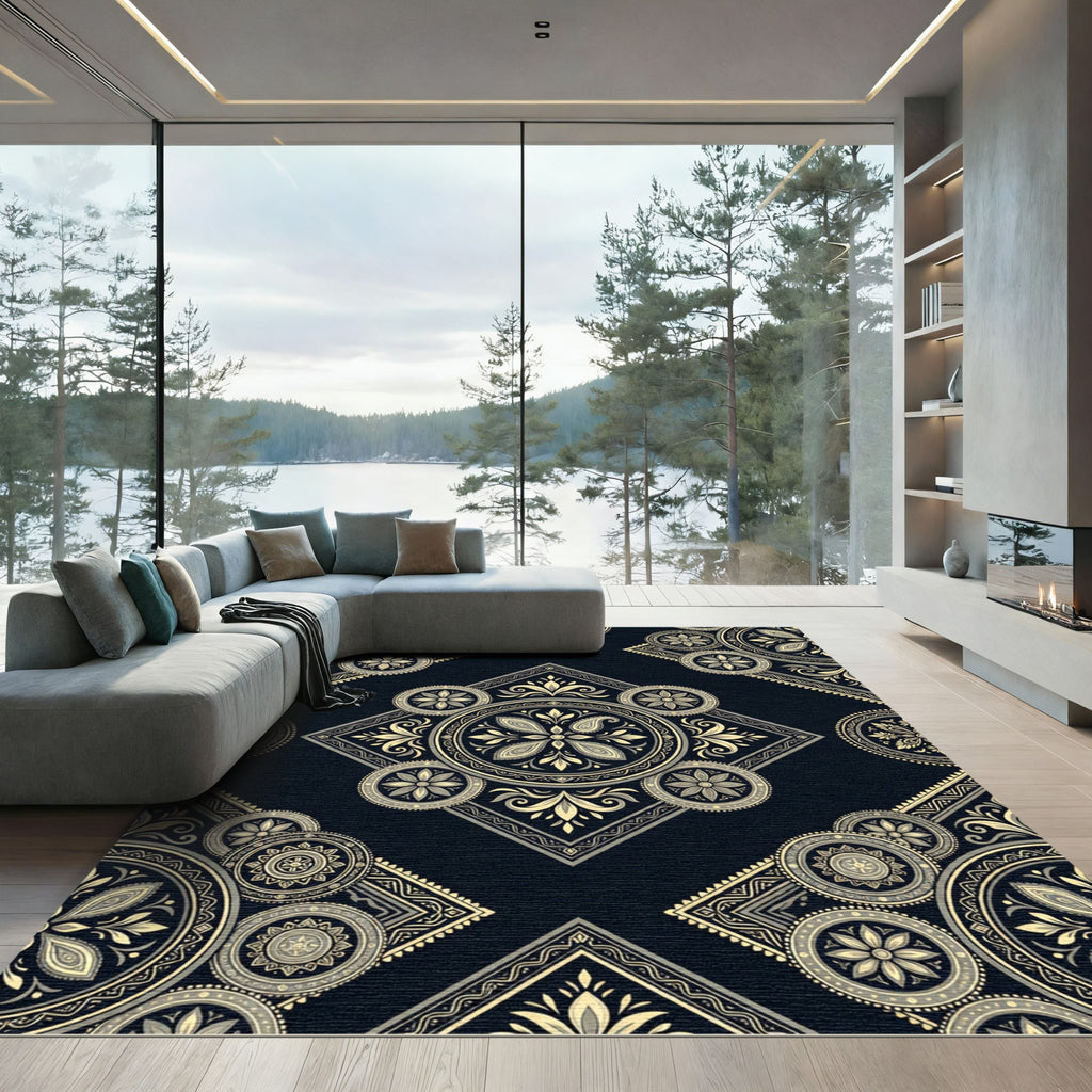 Elegant Midnight Gold Floral Mandala Rug
