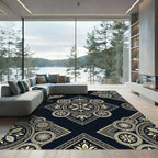 Elegant Midnight Gold Floral Mandala Rug