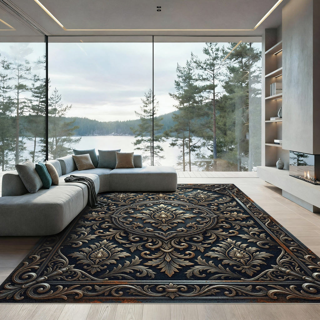 Ornate Bronze Damask Medallion Charcoal Rug
