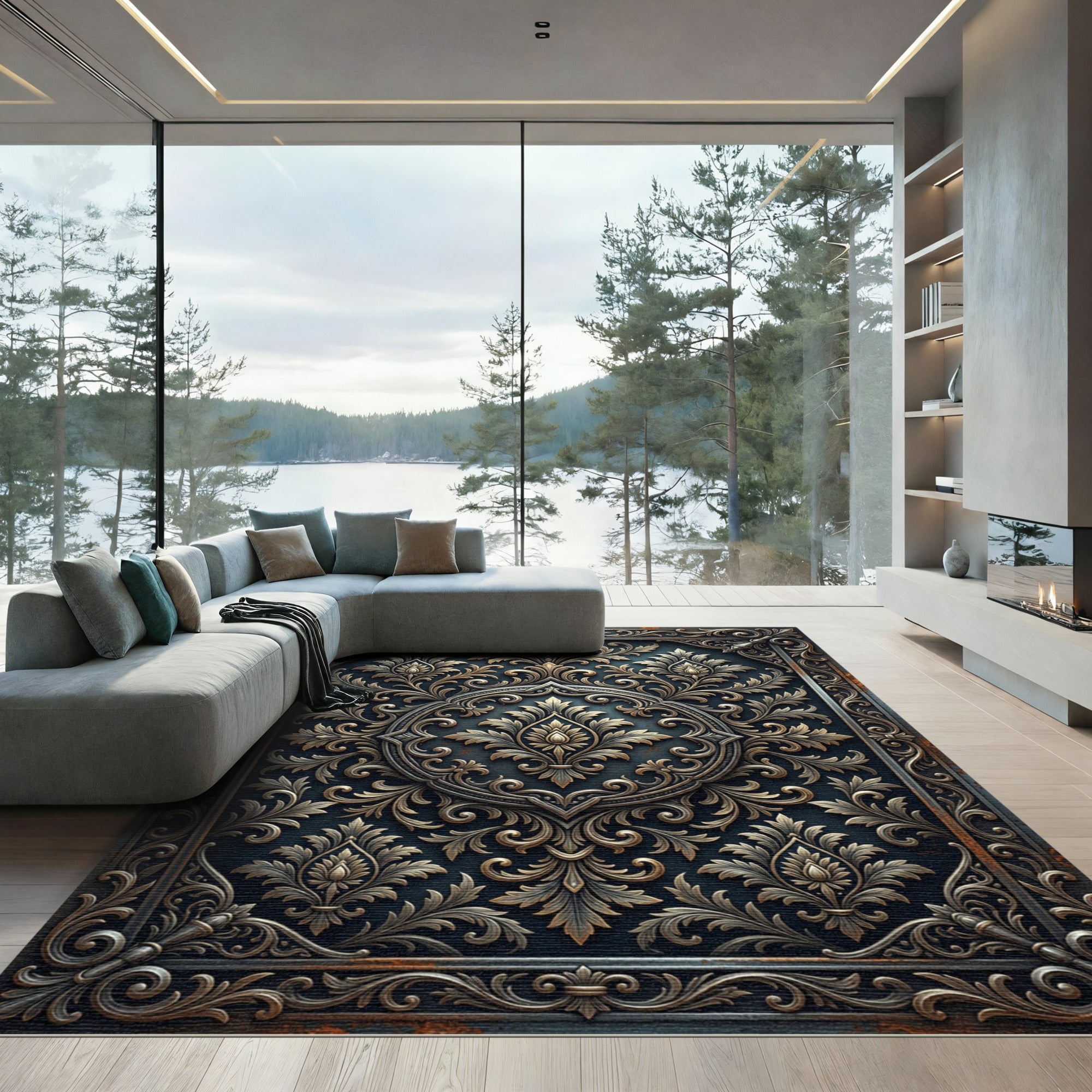 Ornate Bronze Damask Medallion Charcoal Rug