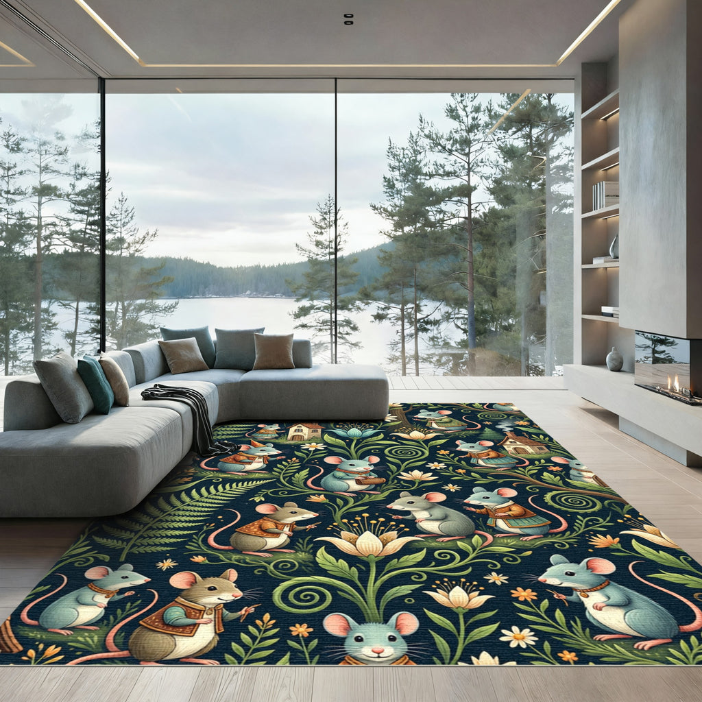 Whimsical Forest Mouse Garden Scene Rug