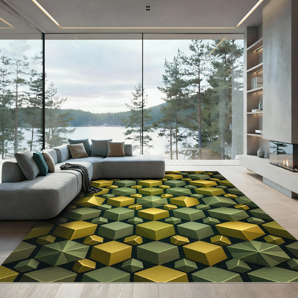 Golden Olive Cubes Geometric Illusion Rug