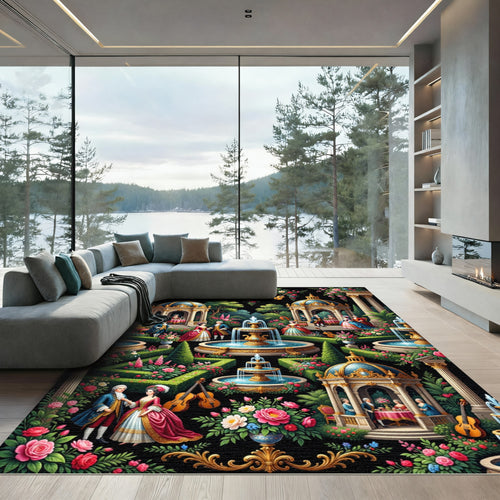 Baroque Garden Courtyard Fountain Scene Rug