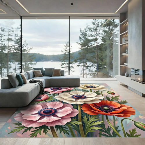 Blooming Coral Pink Anemone Bouquet Rug