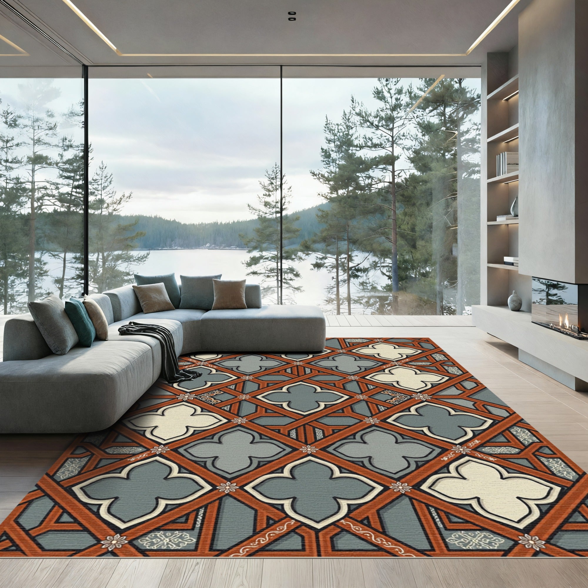 Ornate Burgundy Grey Quatrefoil Lattice Rug