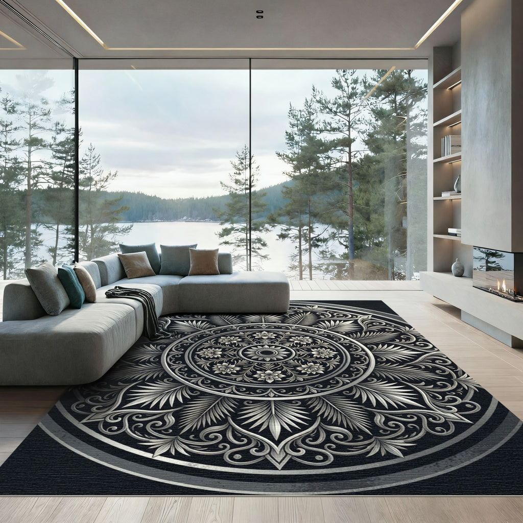 Elegant Silver Filigree Floral Medallion Rug