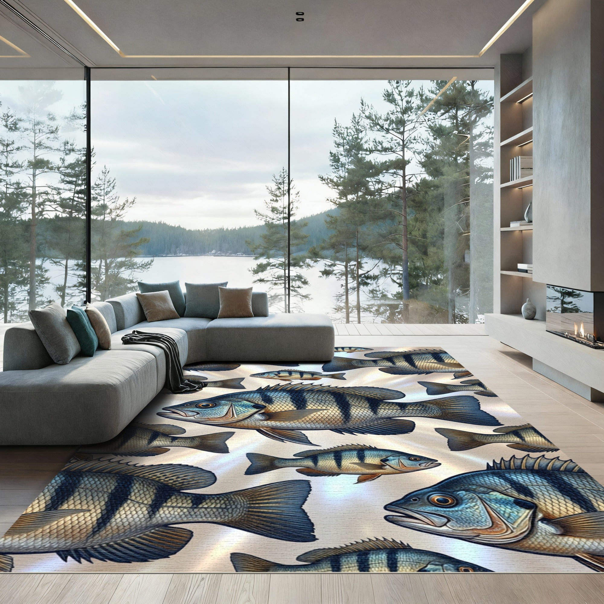 Coastal Blue Striped Perch Fish School Rug