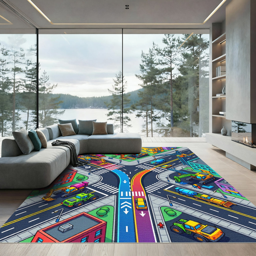 Vibrant Isometric City Construction Play Area Rug