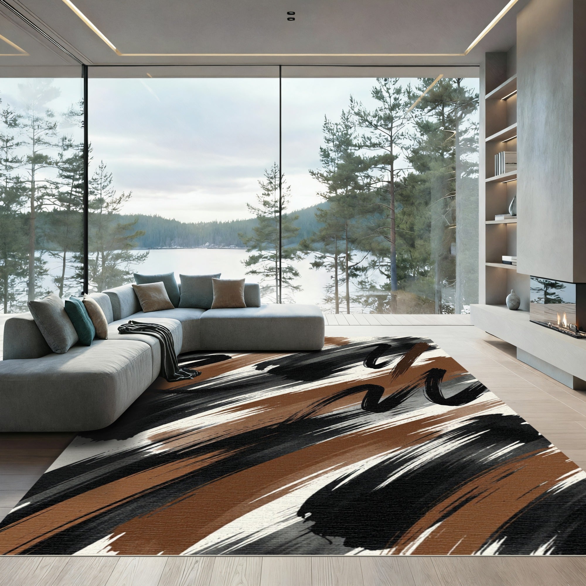 Abstract Black and Brown Brush Stroke Rug